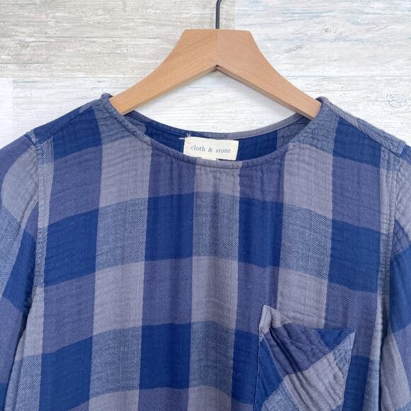 Cloth & Stone Plaid Lace Up Back Top Blue Gray Gauze Knit Cotton Blend Womens XS - Picture 2 of 6
